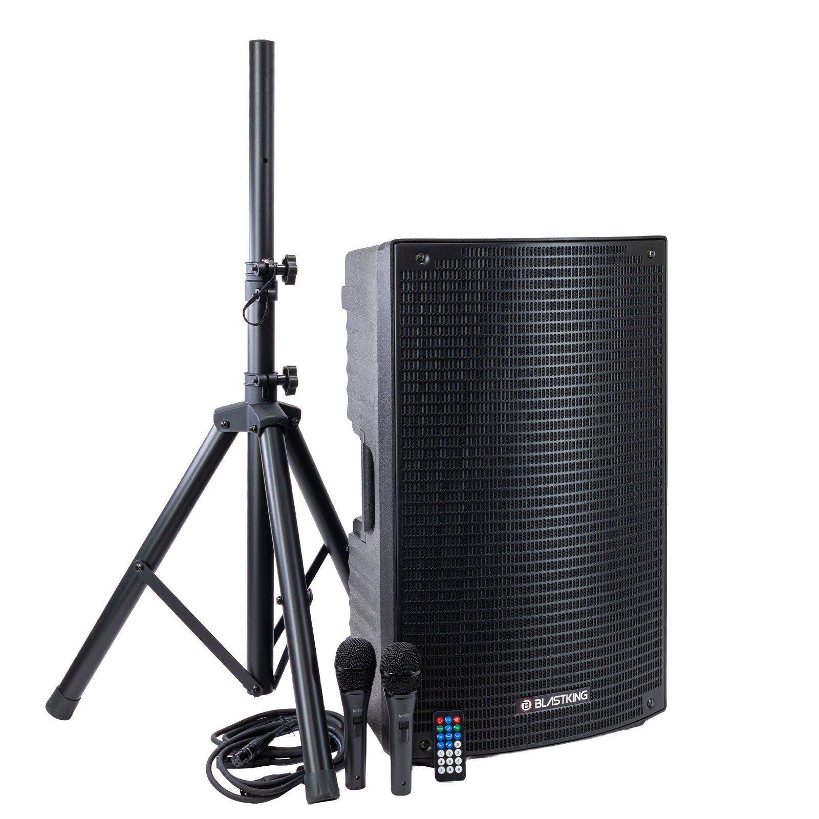 Blastking BDTII15C1 15 Inch 1000 Watts 2-Way Active Loudspeaker Combo with Bluetooth, TWS, MP3 Player, Speaker Stand, 2 MH30 Wired Microphones and 2 XLR Cables
