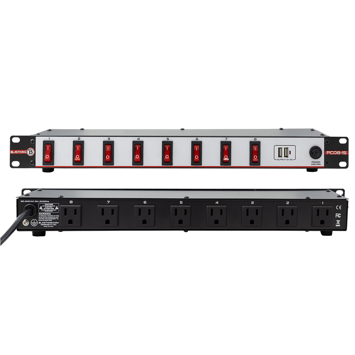 Blastking PC08-15 19 Inch Rack Power Center 8 Outlets and 2 USB Ports
