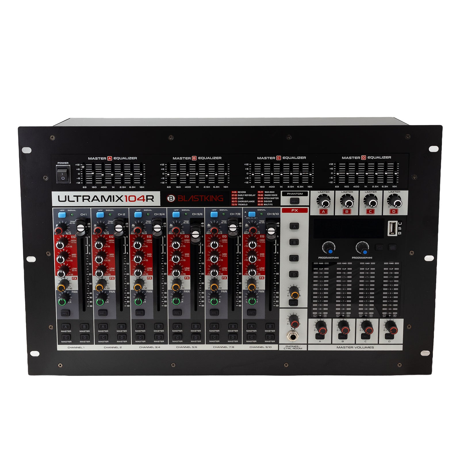 Blastking ULTRAMIX104R – 10-Channel 4U Rackmount Professional Mixer, 24 DSP Effects, Bluetooth, USB/MP3 Playback, 7-Band EQ, PC Interface
