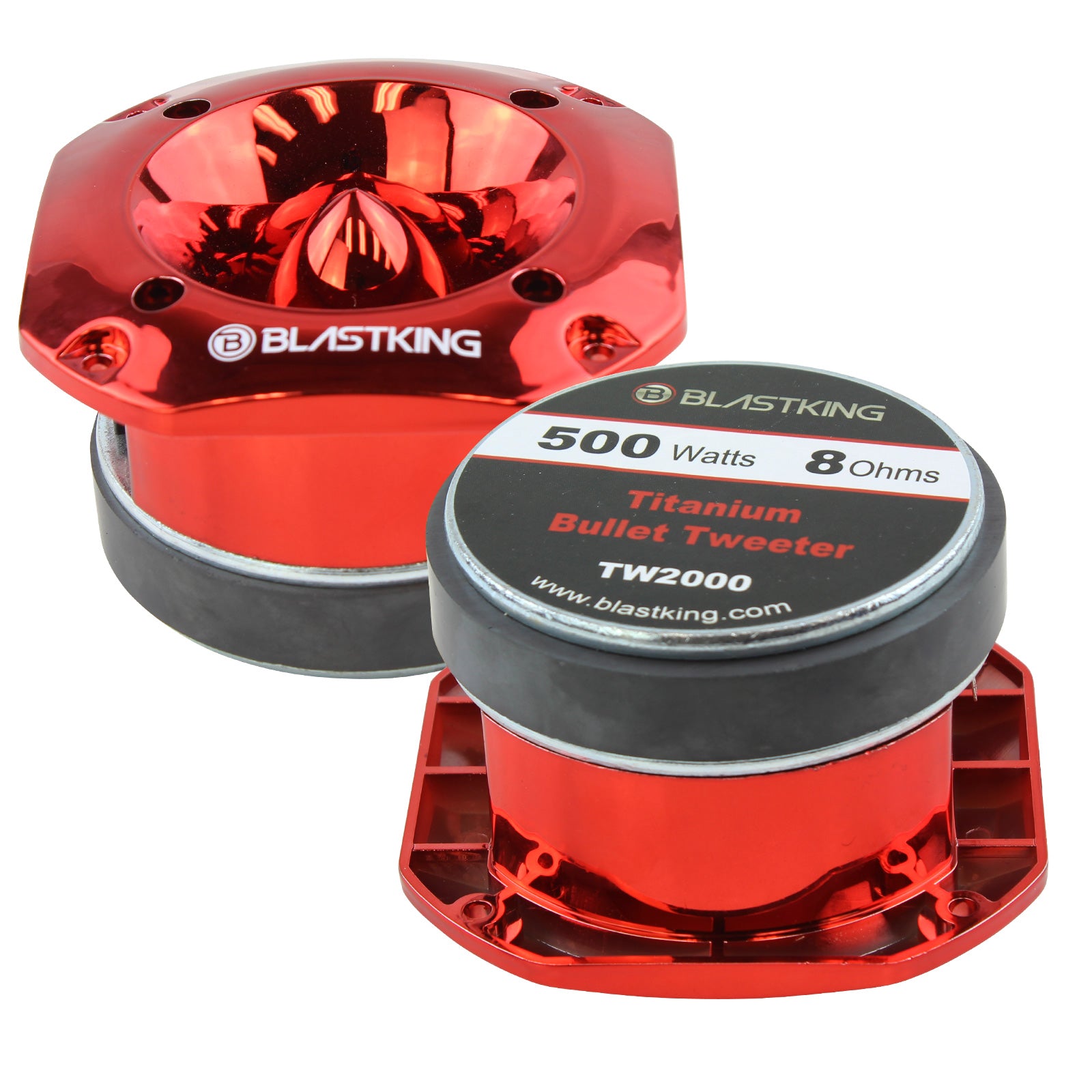 Blastking TW2000-RED-K2 (2) 500 Watts 4x4 inch 1.5 inch VC Titanium Bullet Tweeter Red