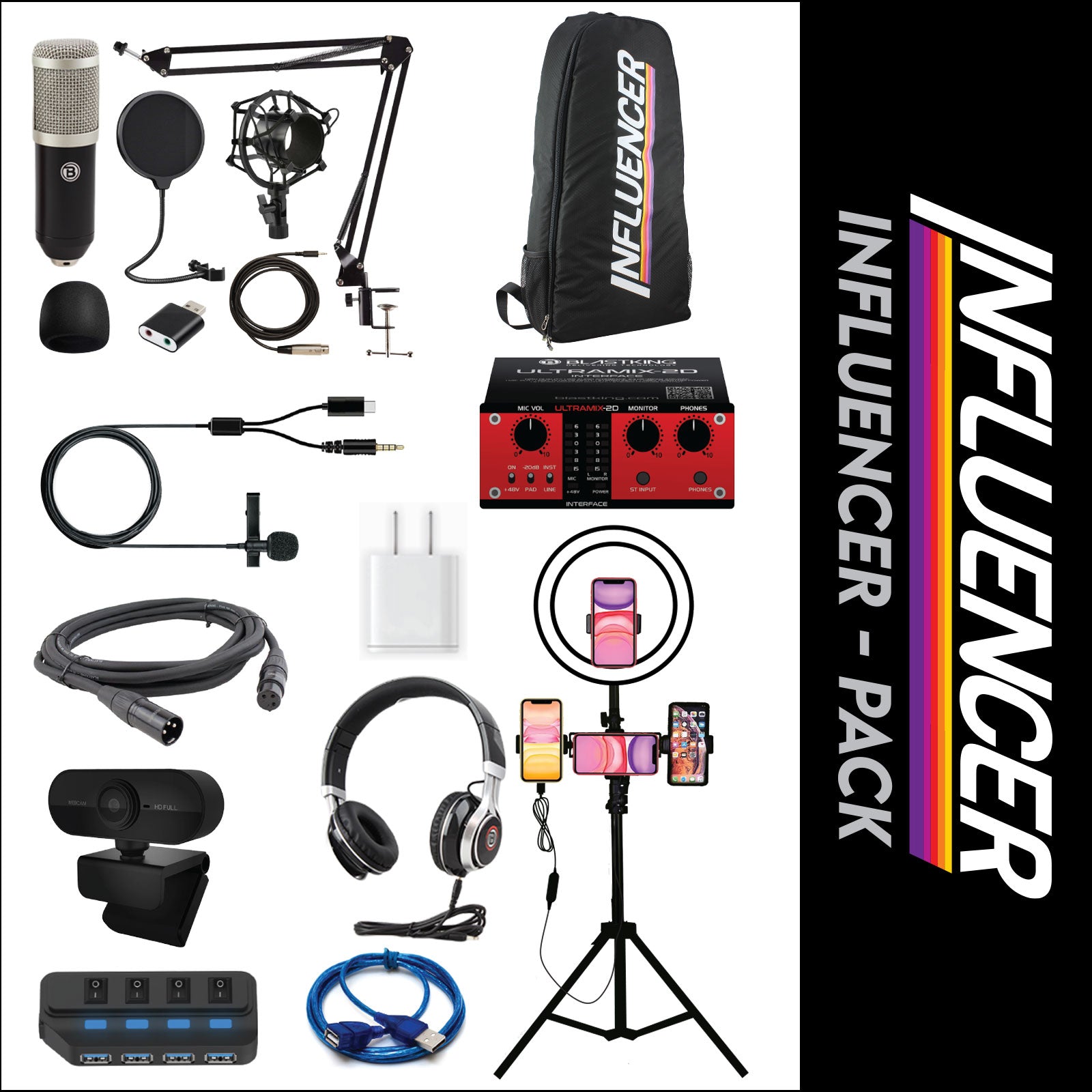 Blastking IP-BPACK-BLK Influencer Pack with ULTRAMIX-2D Interface, IP-LED RING, IP-MIC-KIT and more
