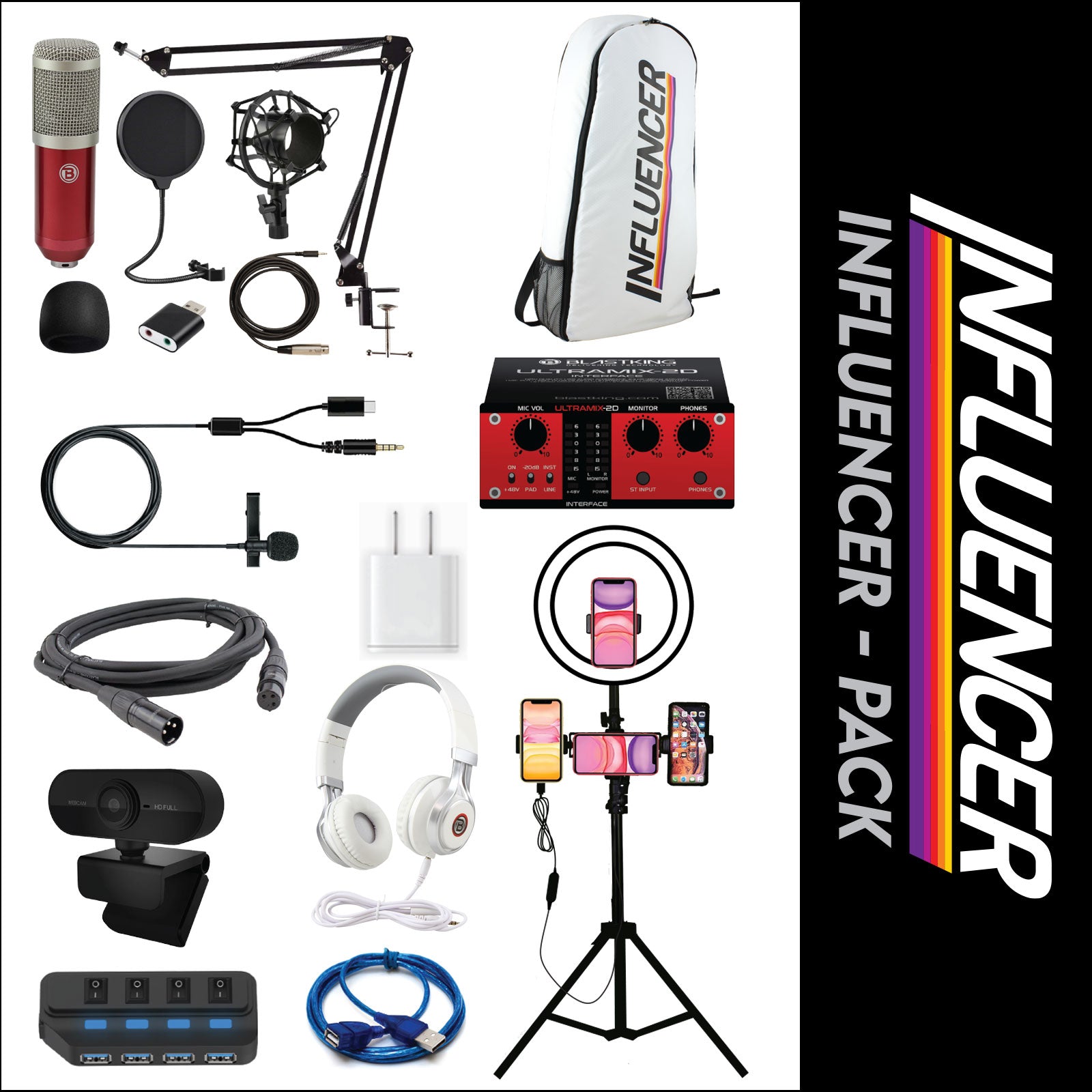 Blastking IP-WPACK-RED Influencer Pack with ULTRAMIX-2D Interface, IP-LED RING, IP-MIC-KIT and more