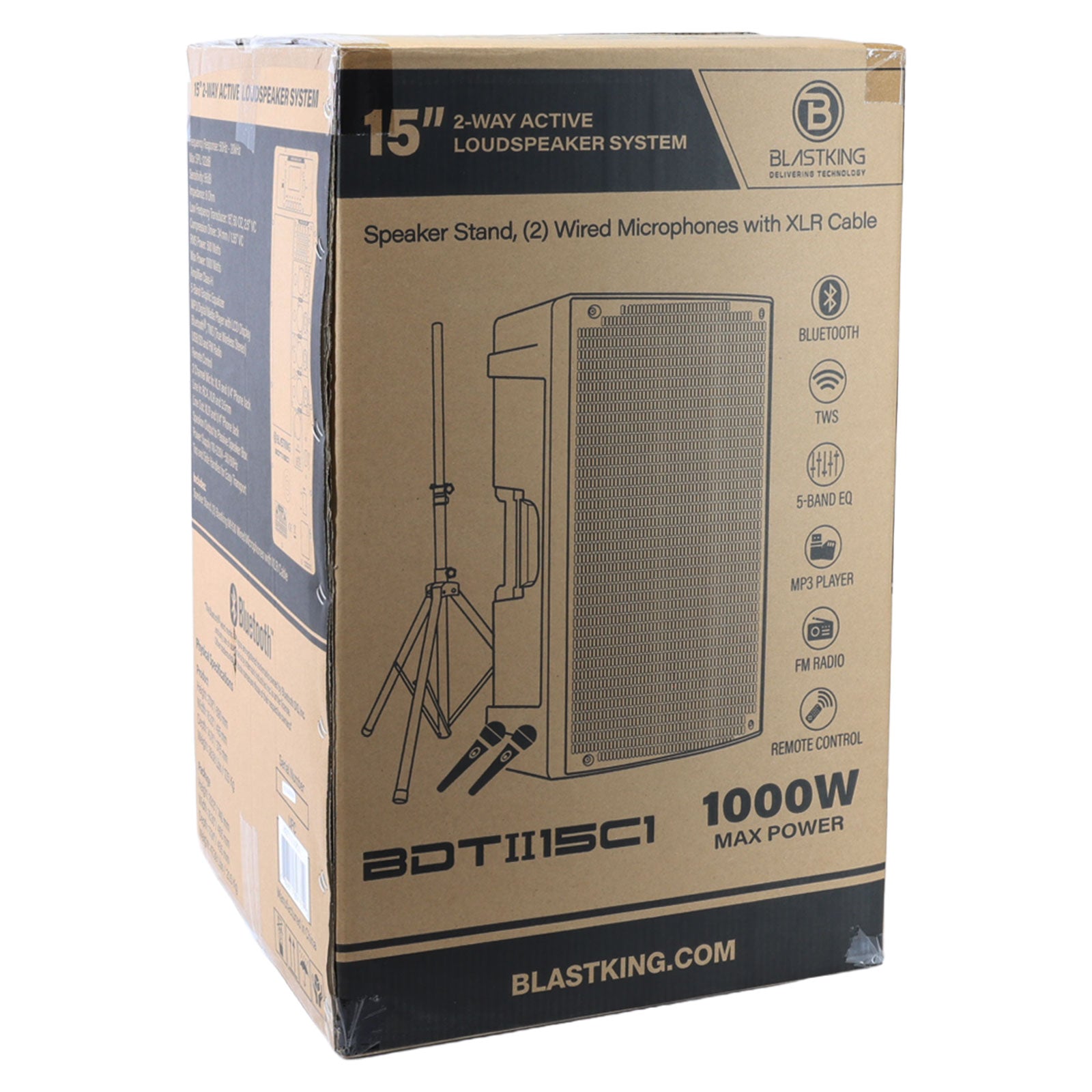 Blastking BDTII15C1 15 Inch 1000 Watts 2-Way Active Loudspeaker Combo with Bluetooth, TWS, MP3 Player, Speaker Stand, 2 MH30 Wired Microphones and 2 XLR Cables