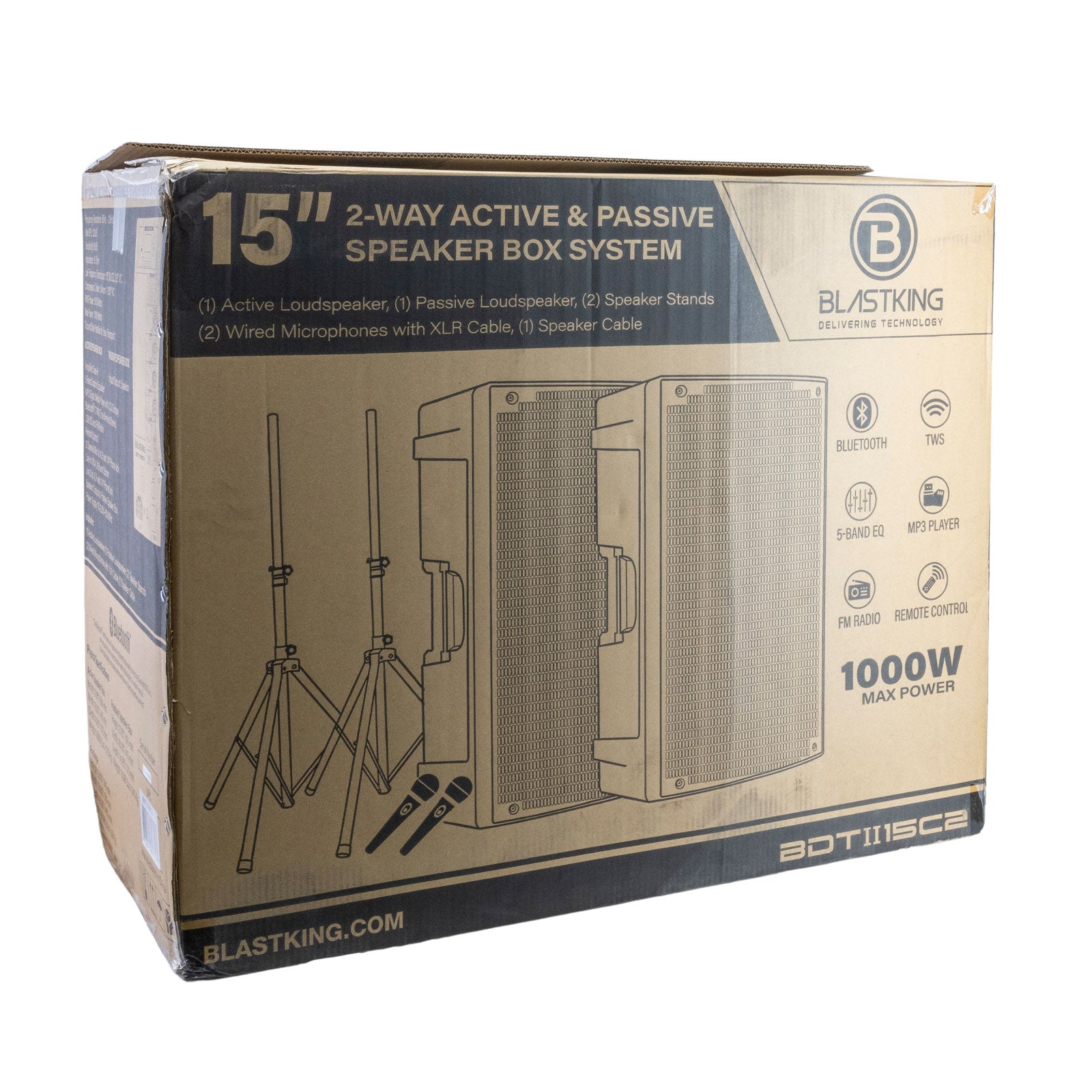 Blastking BDTII15C2 15 Inch 1000 Watts 2-Way Active & Passive Loudspeaker Combo with Bluetooth, TWS, MP3 Player, 2 Speaker Stands, 2 MH30 Wired Microphones, 2 XLR Cables and Speaker Cable