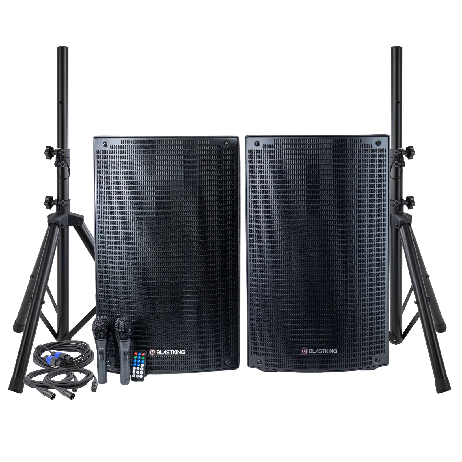 Blastking BDTII15C2 15 Inch 1000 Watts 2-Way Active & Passive Loudspeaker Combo with Bluetooth, TWS, MP3 Player, 2 Speaker Stands, 2 MH30 Wired Microphones, 2 XLR Cables and Speaker Cable