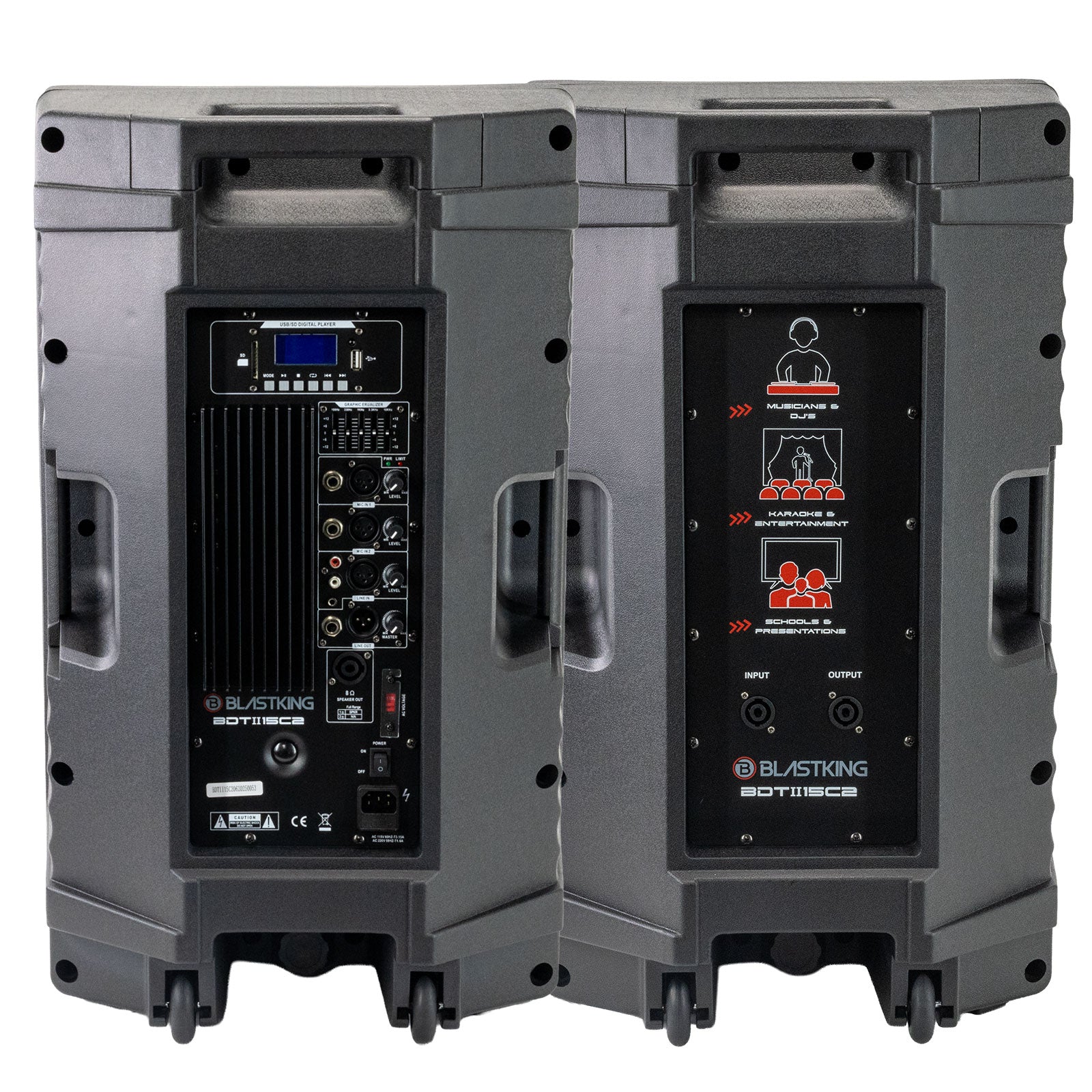 Blastking BDTII15C2 15 Inch 1000 Watts 2-Way Active & Passive Loudspeaker Combo with Bluetooth, TWS, MP3 Player, 2 Speaker Stands, 2 MH30 Wired Microphones, 2 XLR Cables and Speaker Cable