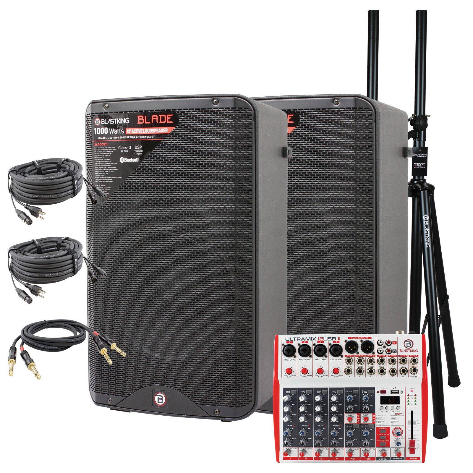 Blastking BLADE12A-PK1 (2) 12” BLADE12A Speaker 1000 Watts + 12 Channel Analog Mixing Console + Stands + Cables