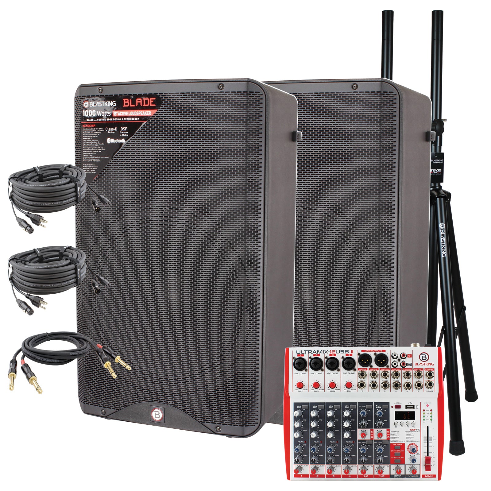 Blastking BLADE15A-PK1 (2) 15” BLADE15A Speaker 1000 Watts + 12 Channel Analog Mixing Console + Stands + Cables