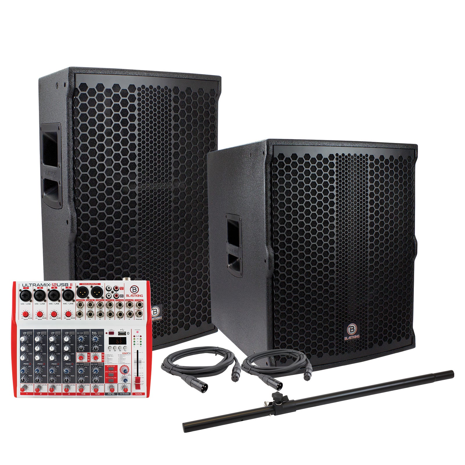 Blastking NOVO15A-PK2 15” NOVO-15A Speaker 1200 Watts + 18” Active Subwoofer 1500 Watts + 12 Channel Analog Mixing Console + Stands + Cables