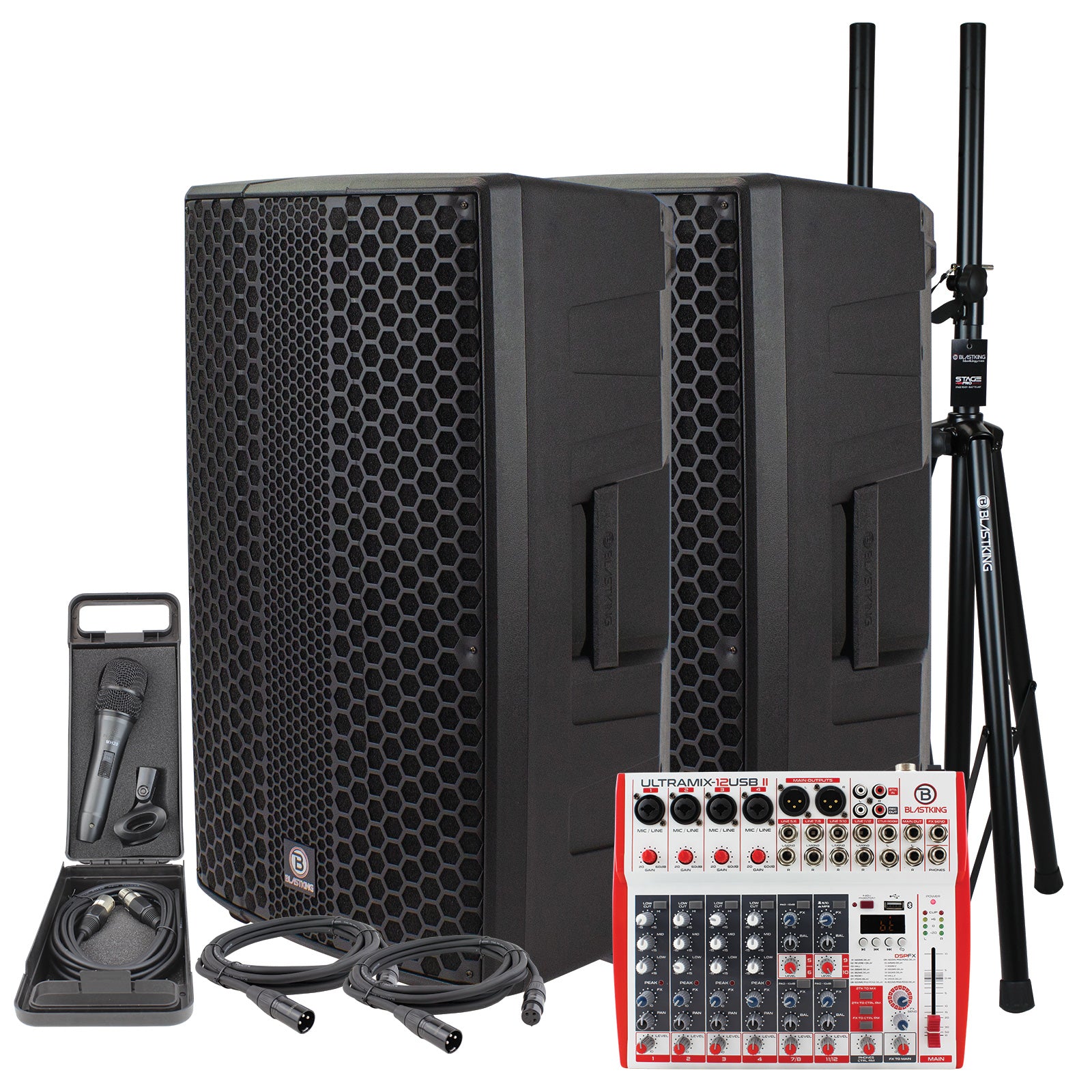 Blastking NOVOP15A-PK1 (2) 15” NOVO-P15A Speaker 1200 Watts + 12 Channel Analog Mixing Console + Stands + Microphone + Cables