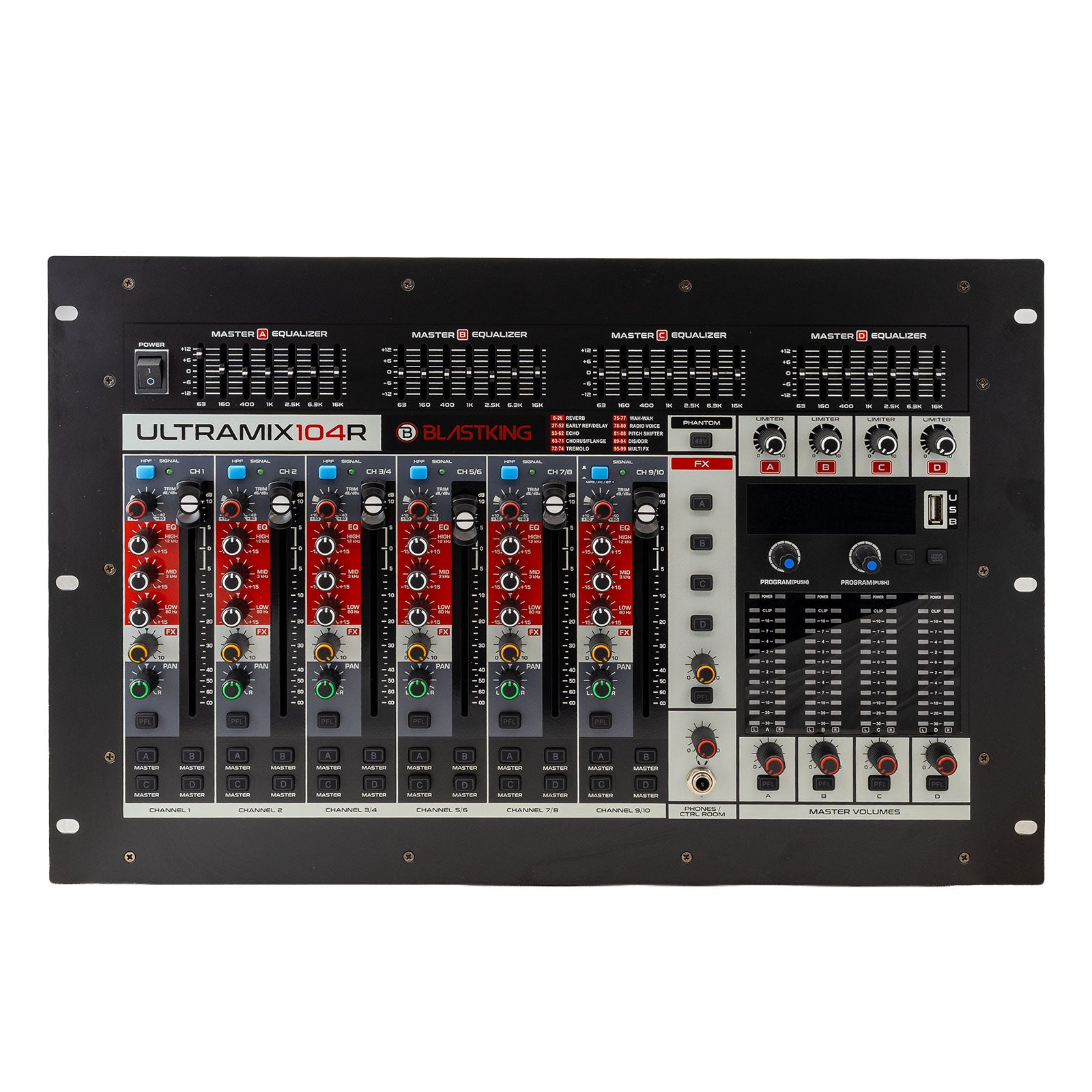 Blastking ULTRAMIX104R – 10-Channel 4U Rackmount Professional Mixer, 24 DSP Effects, Bluetooth, USB/MP3 Playback, 7-Band EQ, PC Interface