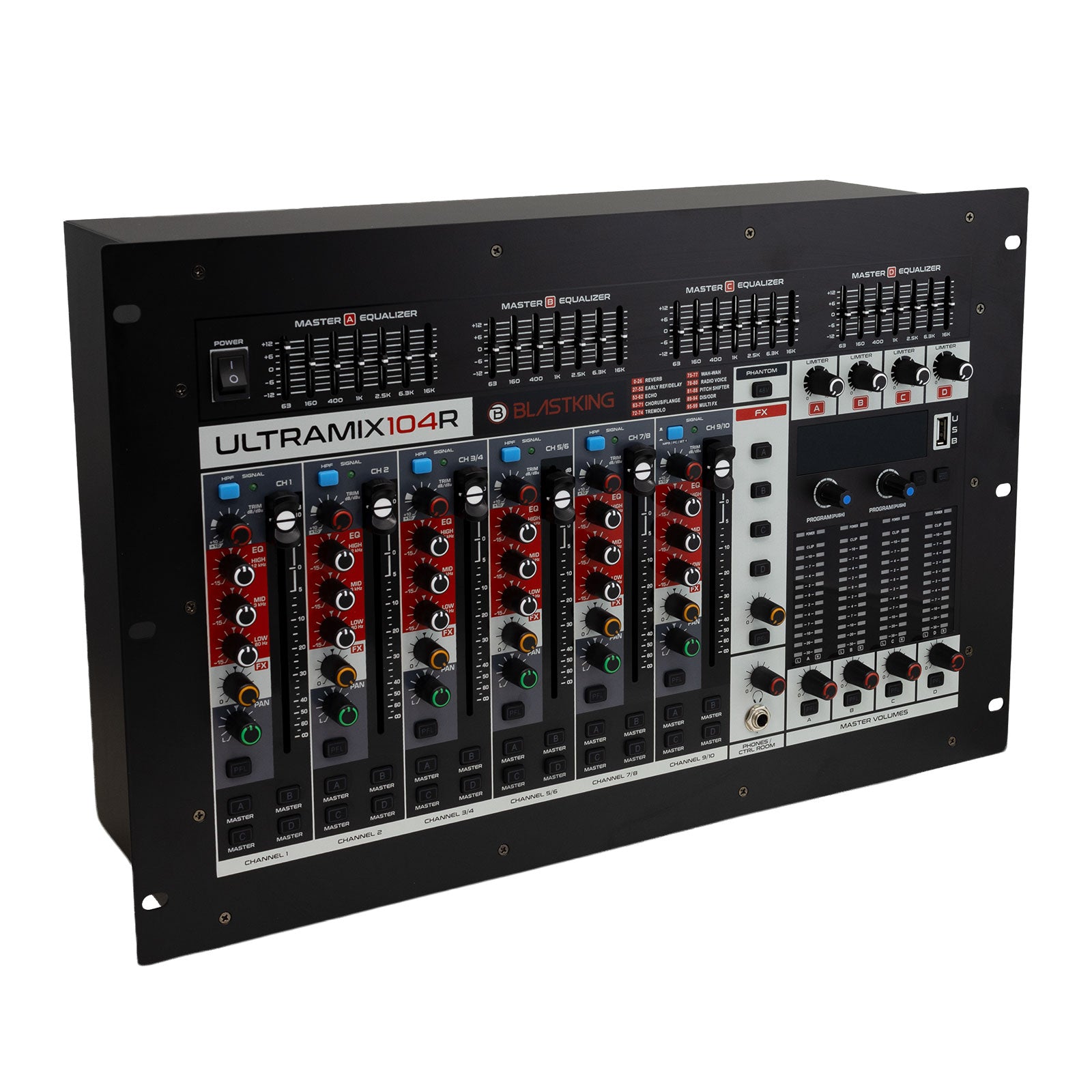 Blastking ULTRAMIX104R – 10-Channel 4U Rackmount Professional Mixer, 24 DSP Effects, Bluetooth, USB/MP3 Playback, 7-Band EQ, PC Interface