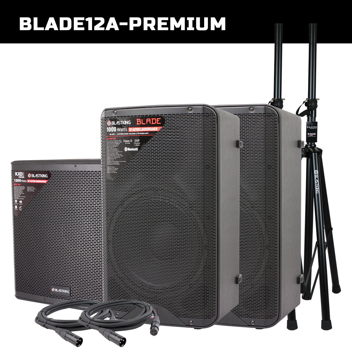 Blastking BLADE12A-PREMIUM (2) 12” Active Loudspeakers 1000 Watts Class-D (1) 18 inch Active Subwoofer with Stands and Cables