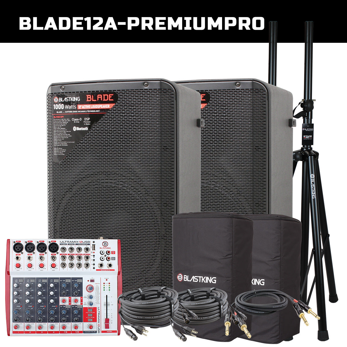 Blastking BLADE12A-PREMIUMPRO (2) 12” Active Loudspeakers 1000 Watts Class-D with DSP Processor with 12 Channel Analog Mixing Console, Stands, Cables and Bags