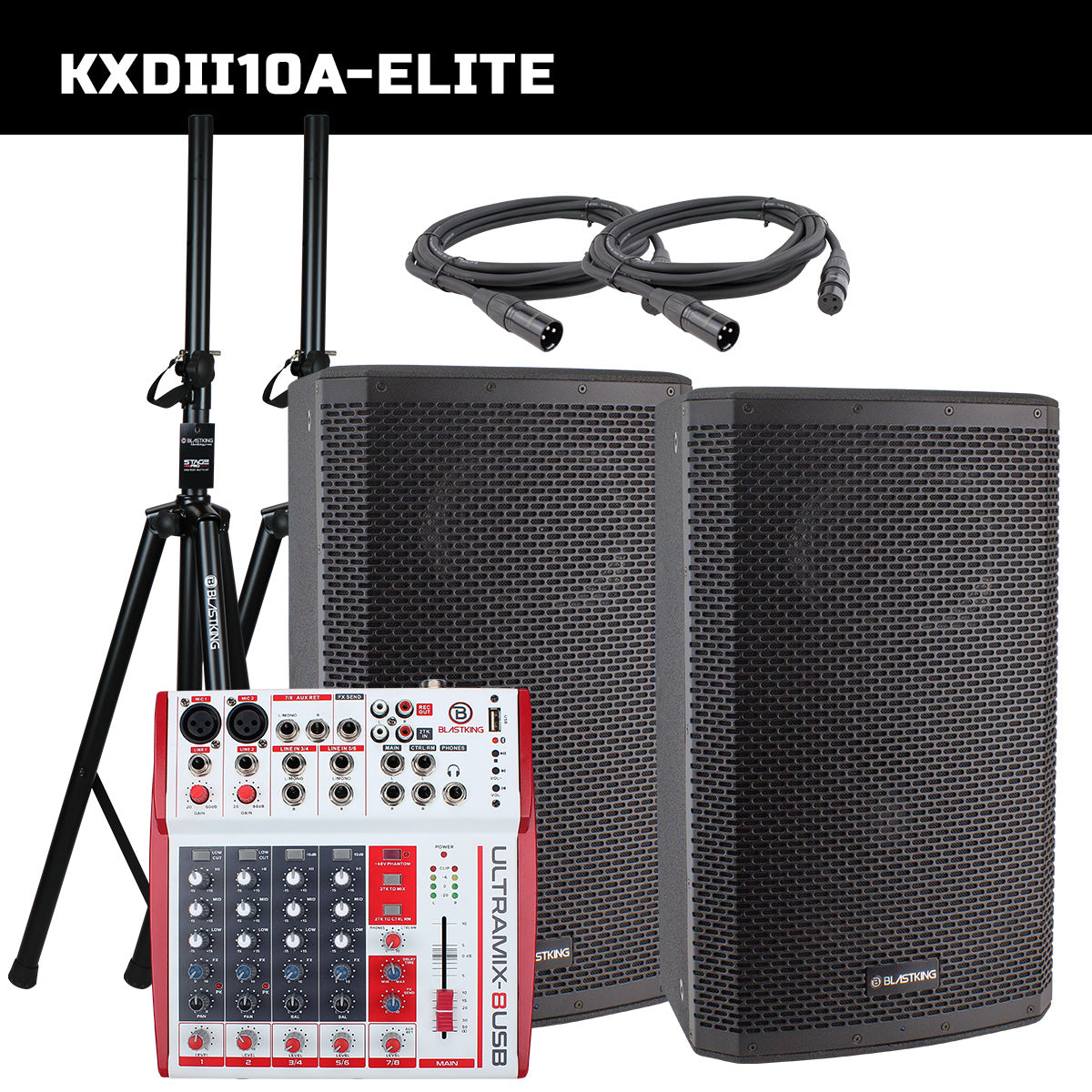 Blastking KXDII10A-ELITE (2) 10” Active Loudspeakers 1000 Watts Class-D Bi Amp DSP Mode with 8 Channel Analog Stereo Mixing Console, Stands and Cables
