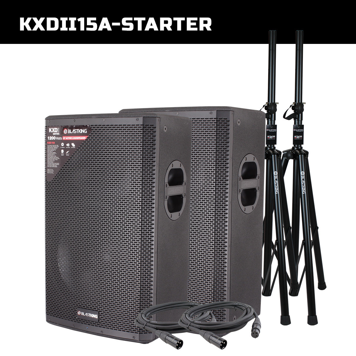 Blastking KXDII15A-STARTER (2) 12” Active Loudspeakers 1200 Watts Class-D Bi Amp DSP Mode with Stands and Cables