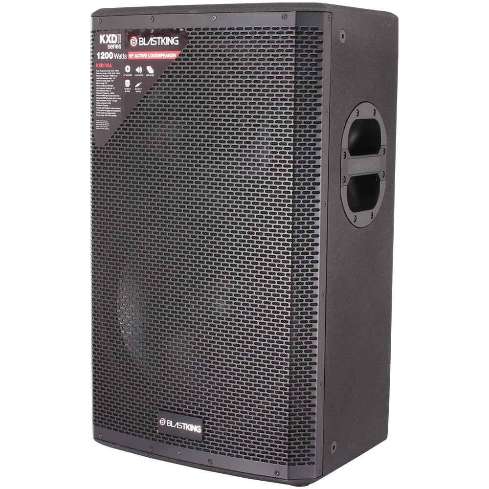 Blastking KXDII15A-PREMIUMPRO (2) 12” Active Loudspeakers 1200 Watts Class-D Bi Amp DSP Mode (1) 18 inch Active Subwoofer with 12 Channel Analog Mixing Console, Microphone, Stands and Cables