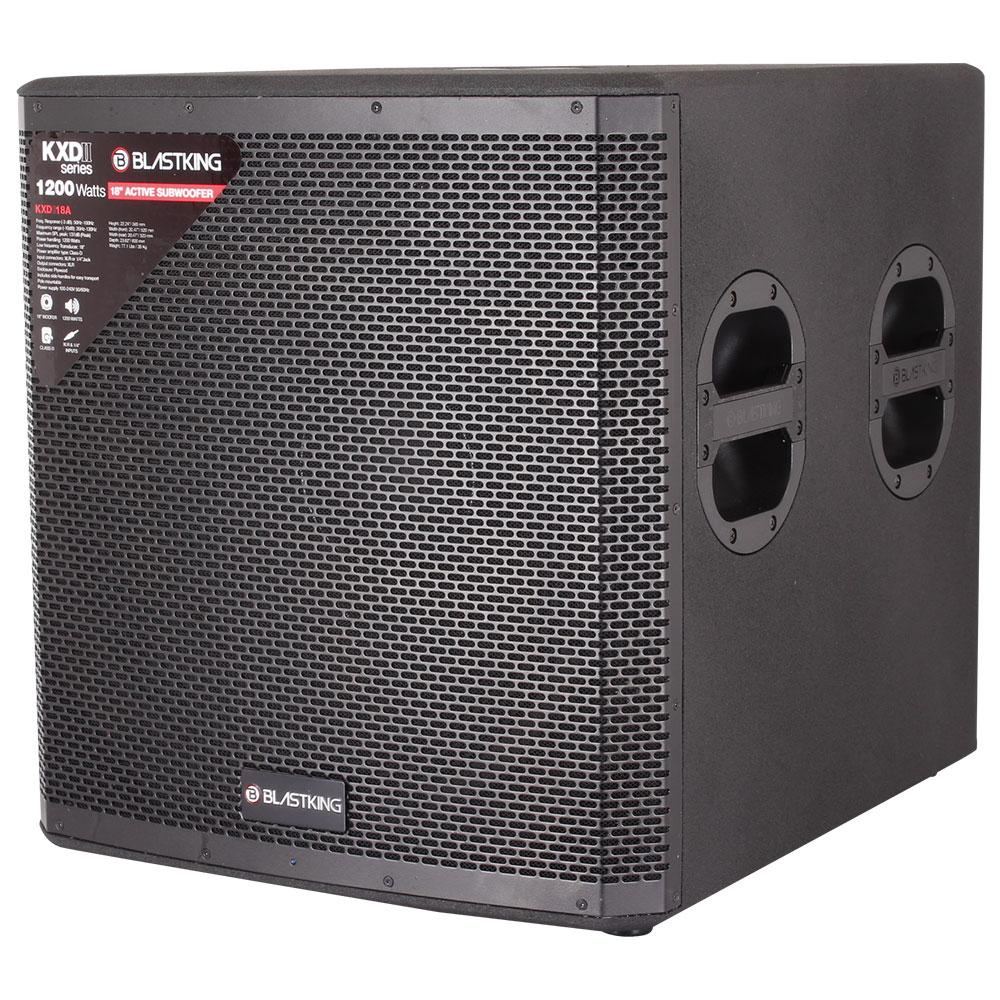 Blastking KXDII15A-ELITE (2) 12” Active Loudspeakers 1200 Watts Class-D Bi Amp DSP Mode (2) 18 inch Active Subwoofer with 12 Channel Analog Mixing Console, Microphone, Stands and Cables